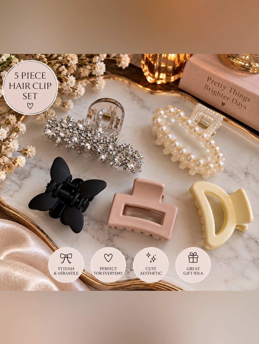 5-Piece Mixed Hair Claw Clip Set – Pearl, Rhinestone & Everyday Hair Clips New
